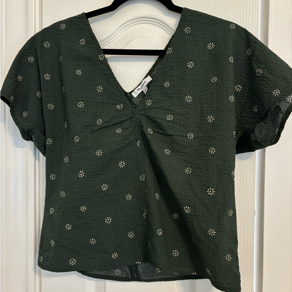 Madewell Dark Green V-Neck Eyelet Dot Short Sleeve Top